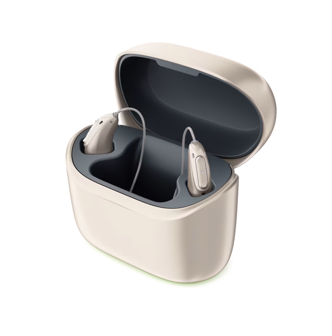 Phonak rechargeable hearing aids in an open charging case